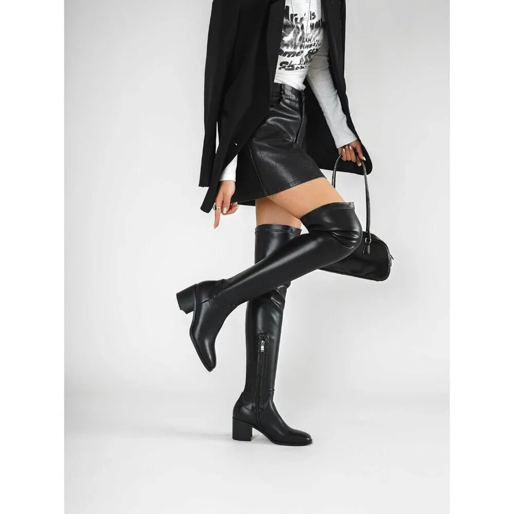 Women Black Chunky Heel Over The Knee Comfortable Long Stretch Side Zipper Boots